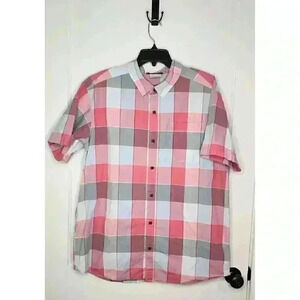 Size XL Columbia Mens Button Down Shirt Pink / Gray Plaid Short Sleeve Cotton